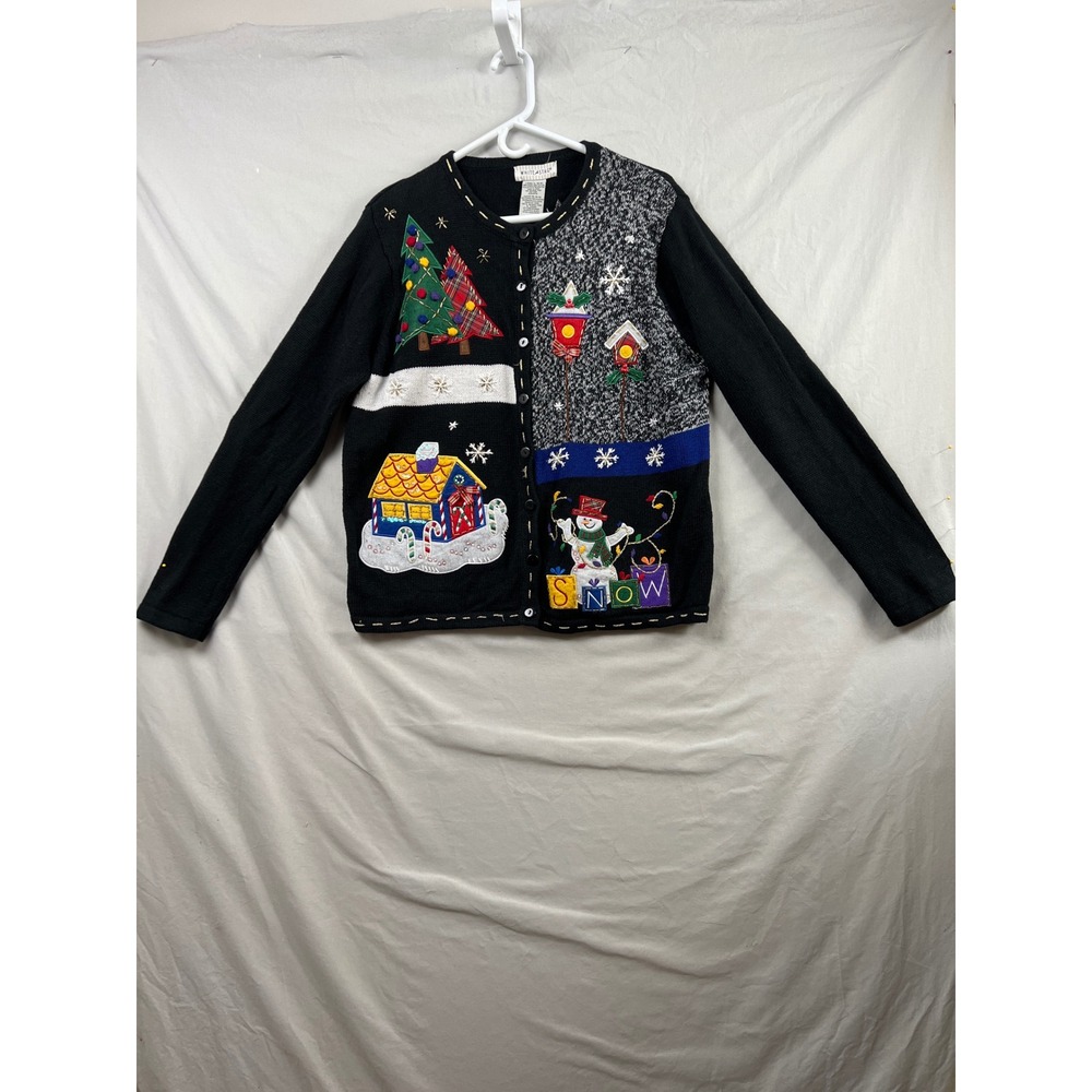 White Stag Cardigan Women XL Black Christmas Holiday Embroidery Snowman House